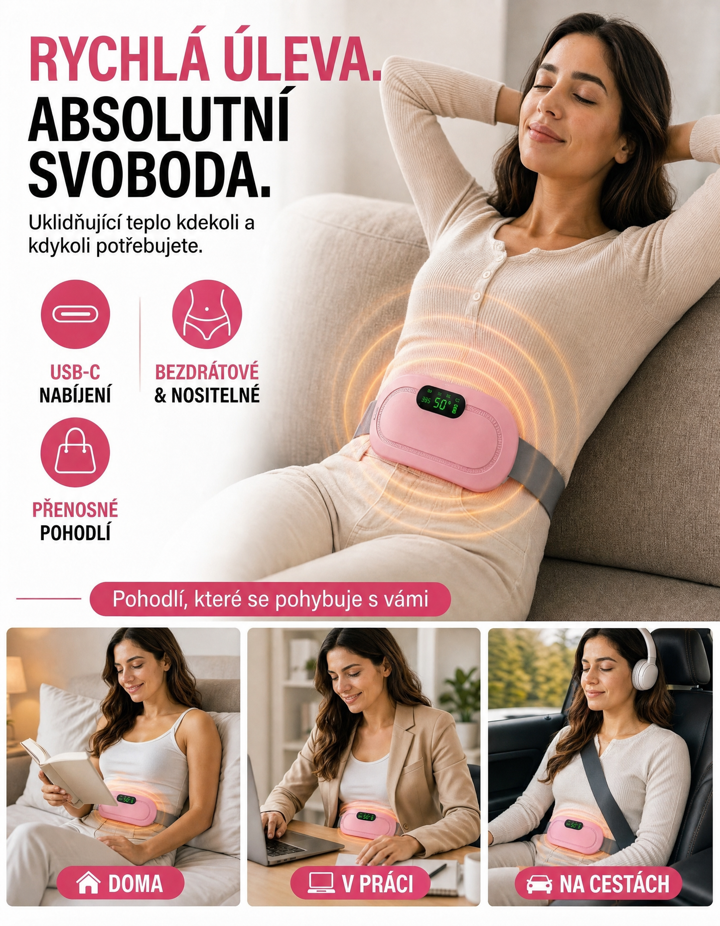 Menstruační hřejivý pás 2v1 (teplo + masáž)
